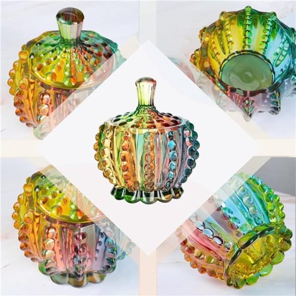 6 oz Colorful Embossed Glass Jars with Lid - Crystal Glass Candy Dishes - Picture 4 of 8